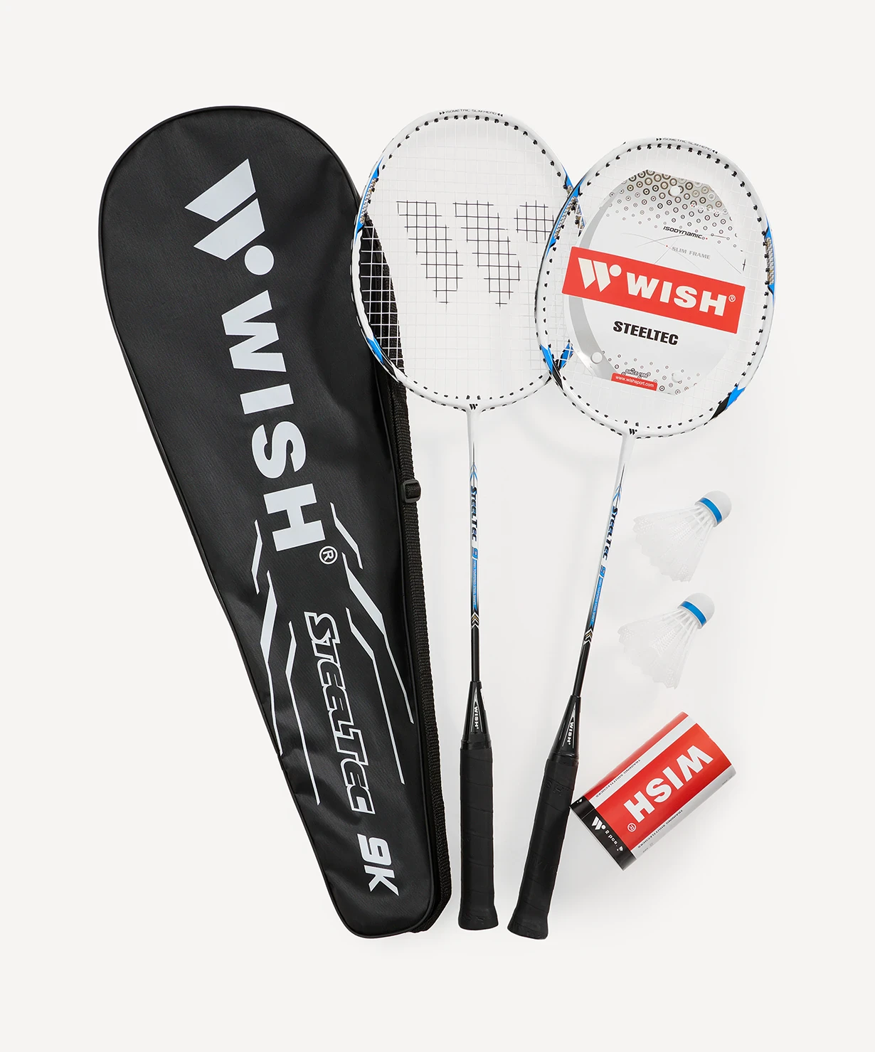 Набор для бадминтона WISH Steeltec 9, 2 ракетки, 2 волана, белый/синий